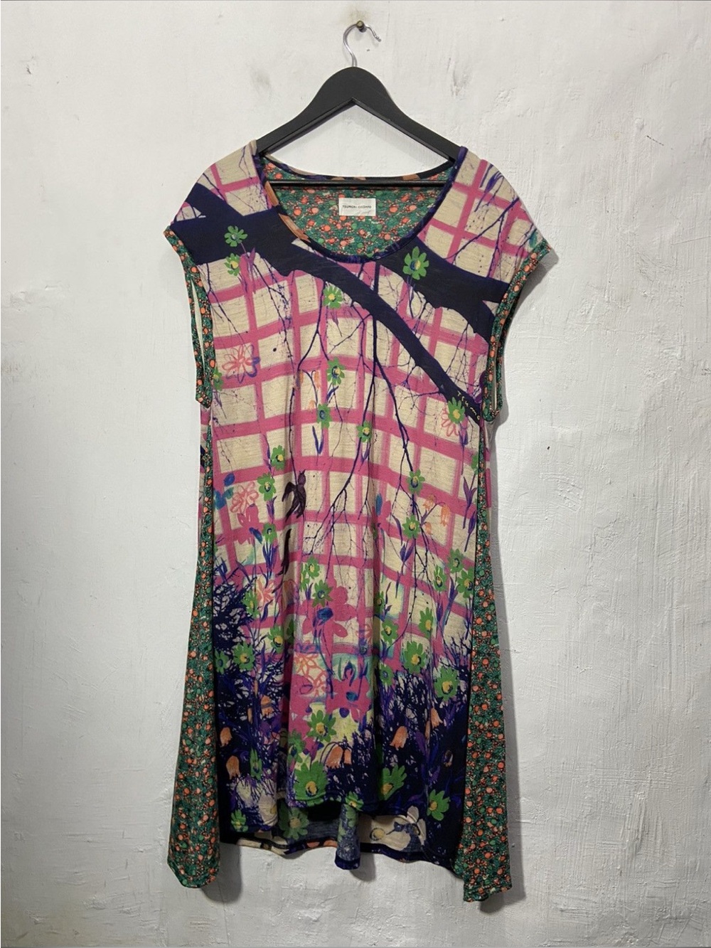 Tsumori Chisato Colorful Floral Plaid Mixed-Print Tunic Dress - Pink & Navy.